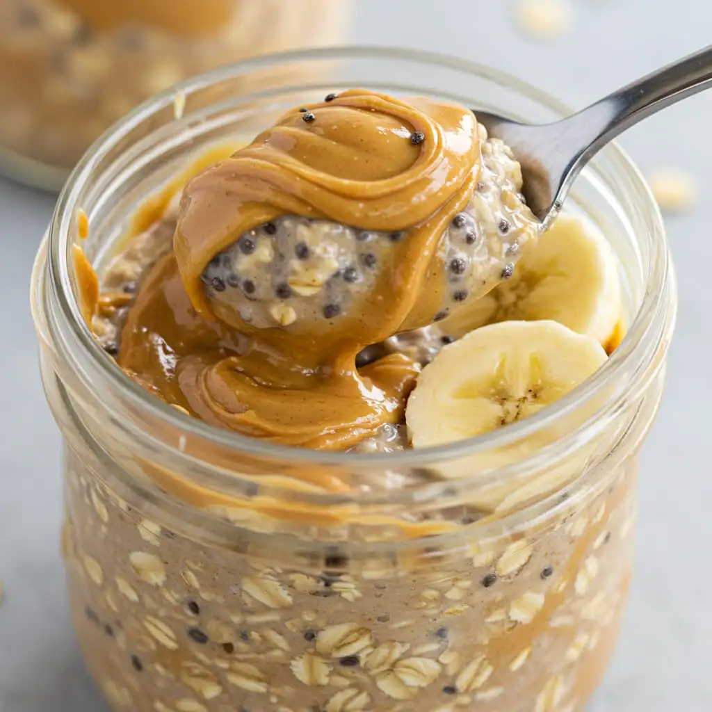 Creamy peanut butter jar overnight oats breakfast in glass jar