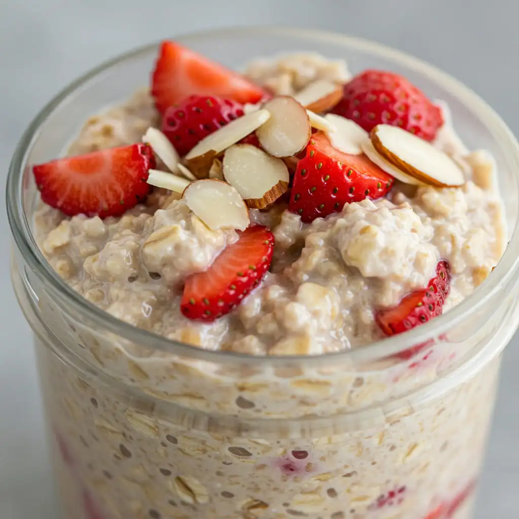 Mycoprotein overnight oats with strawberries and almonds
