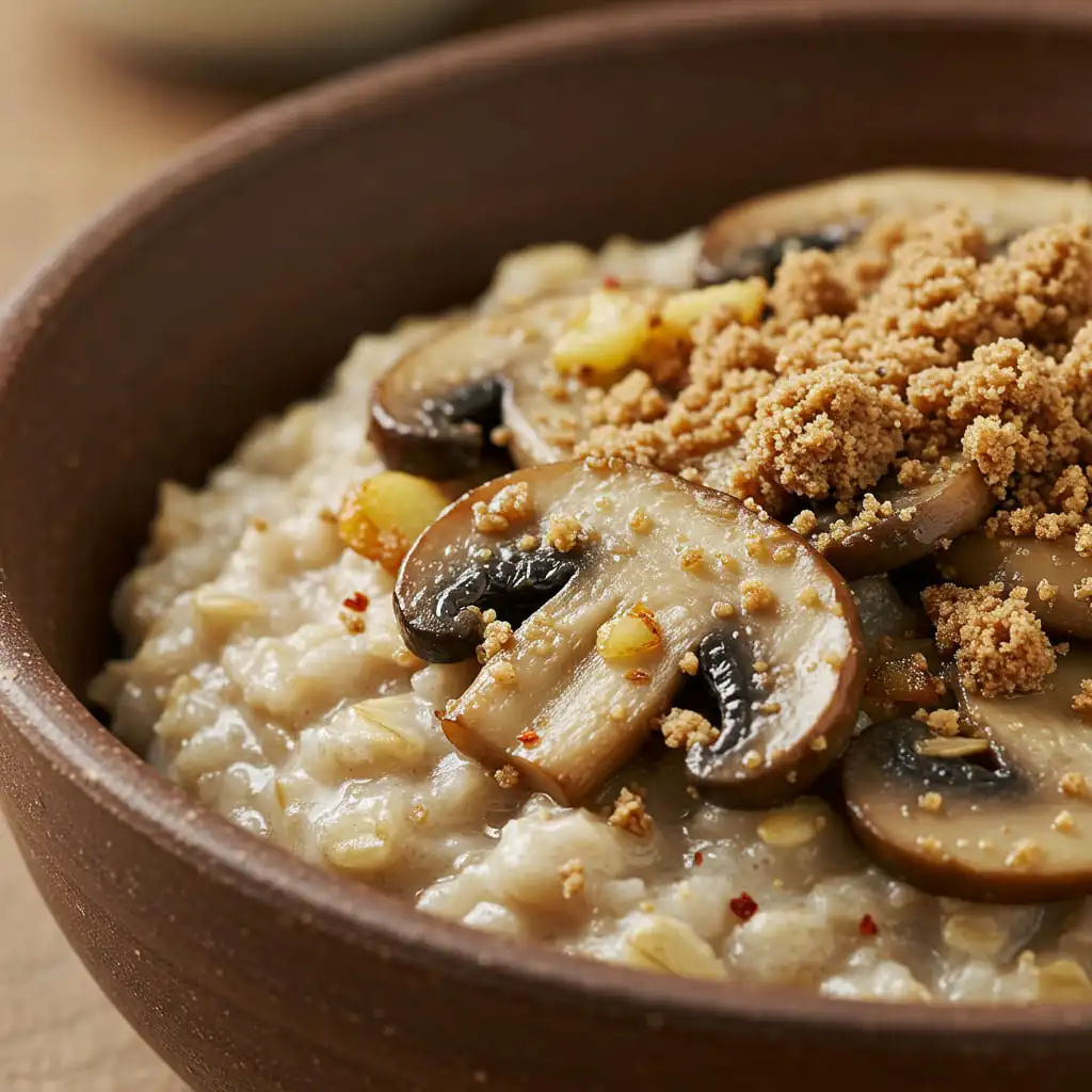 Savory mycoprotein overnight oats with mushrooms and garlic