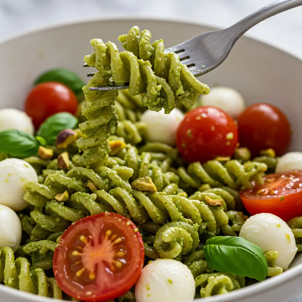 Karen Colman stirring pistachio pesto for Pistachio Summer Pasta Salad in a sunlit kitchen
