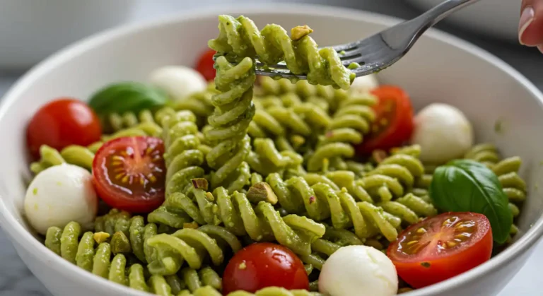 Bowl of Pistachio Summer Pasta Salad with creamy green pesto and chopped pistachios