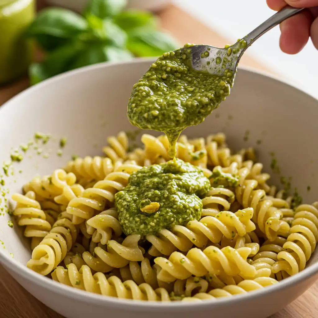 Hand spooning homemade pistachio pesto over cooked fusilli pasta