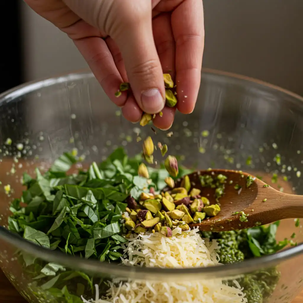 Key ingredients for Pistachio Summer Pasta Salad: basil, pistachios, Parmesan, tomatoes, and lemon