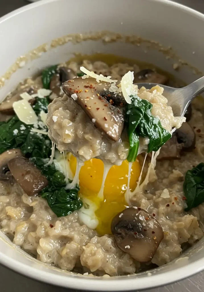 Savory garlic Parmesan overnight oats with sautéed mushrooms and spinach in a jar