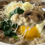 Savory garlic Parmesan overnight oats with sautéed mushrooms and spinach in a jar