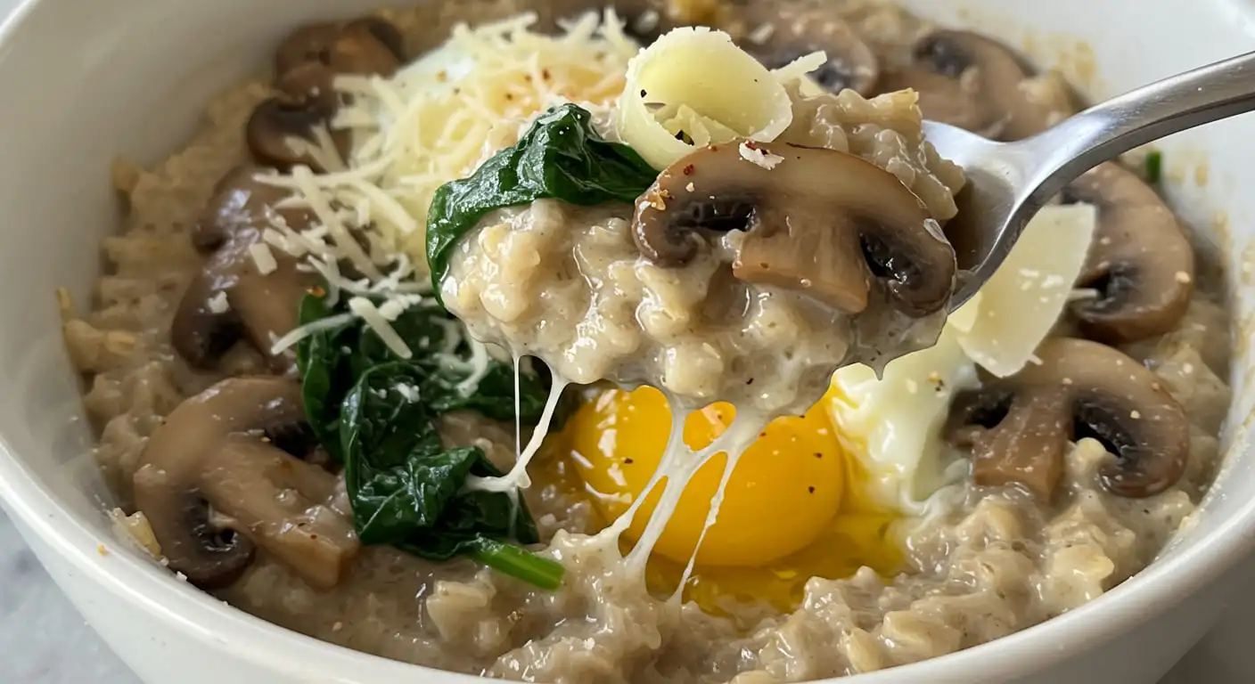 Savory garlic Parmesan overnight oats with sautéed mushrooms and spinach in a jar