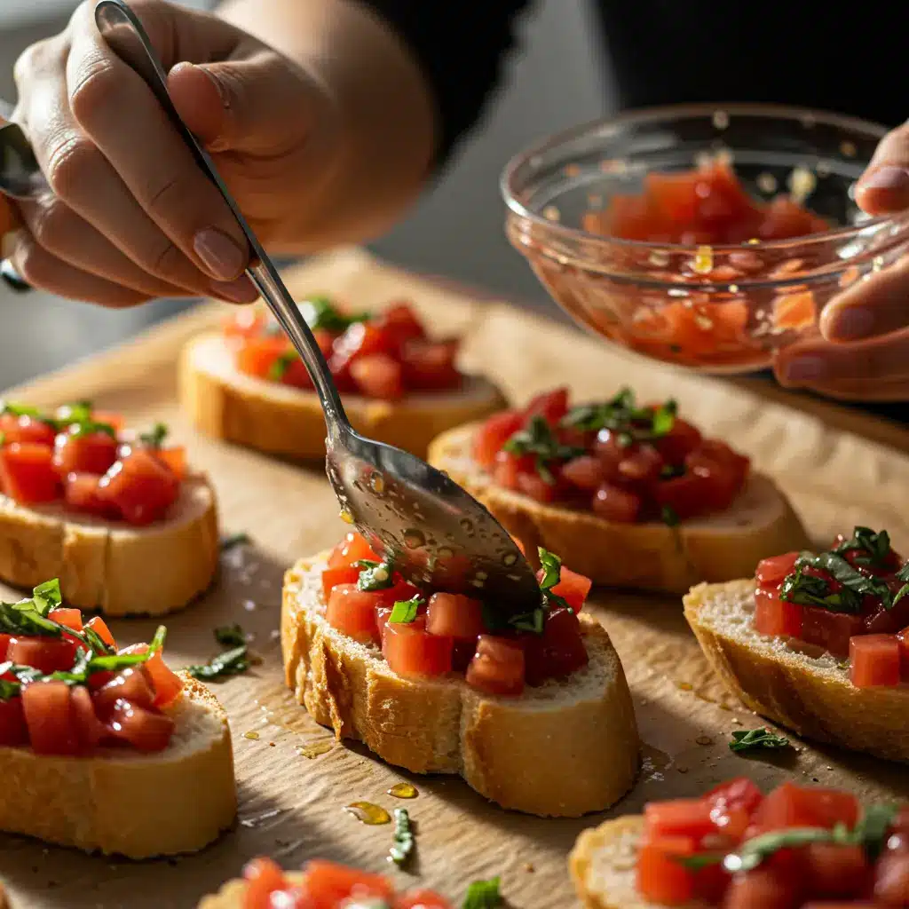 Hand spooning tomato basil mixture onto garlic-rubbed toasted baguette slices