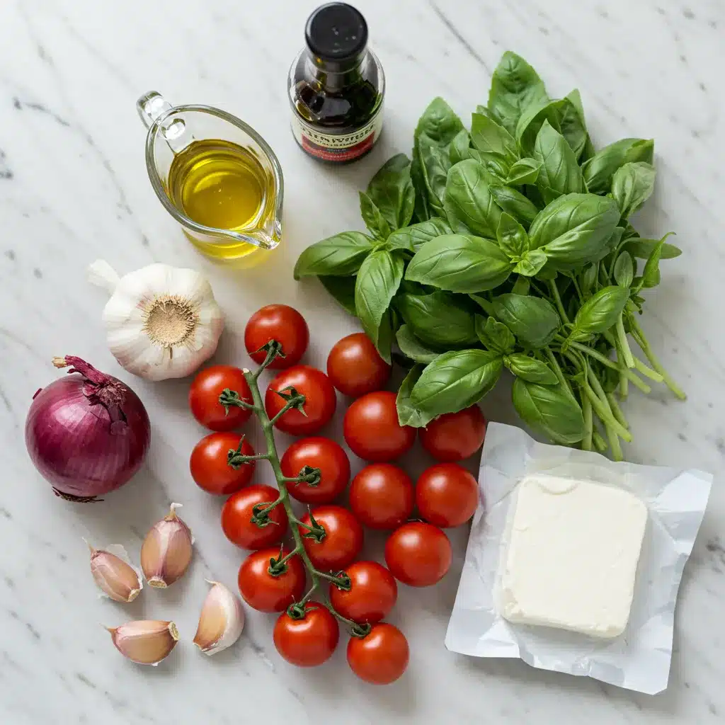 Ingredients for bruschetta dip laid out on a dark surface, including fresh tomatoes, basil, red onion, garlic, and cream cheese.