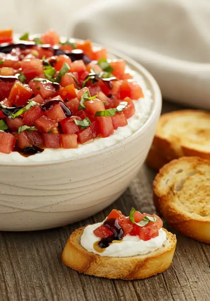 A rustic white bowl filled with creamy bruschetta dip, topped with fresh tomatoes and basil, with a piece of toasted crostini dipped in.
