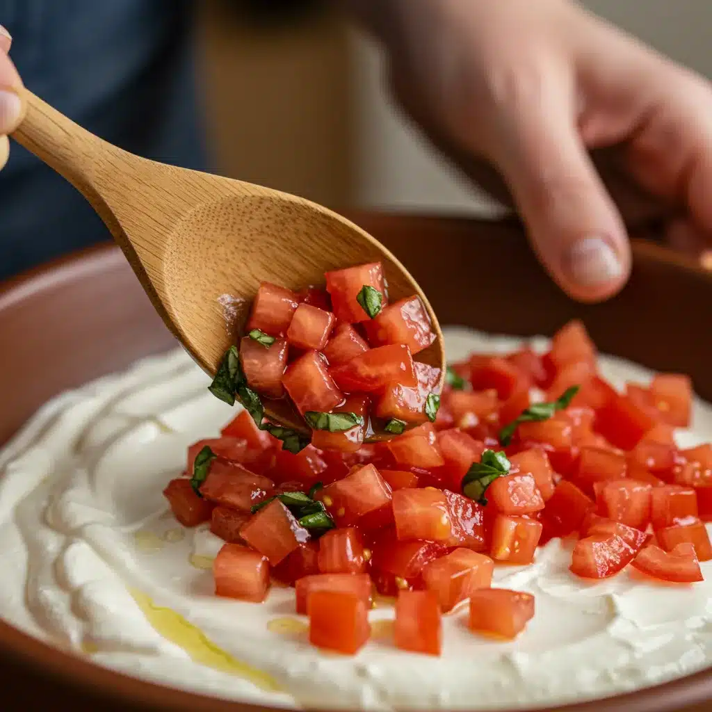 A hand with a wooden spoon layering fresh tomato and basil topping onto a cream cheese base in a bowl to make bruschetta dip.