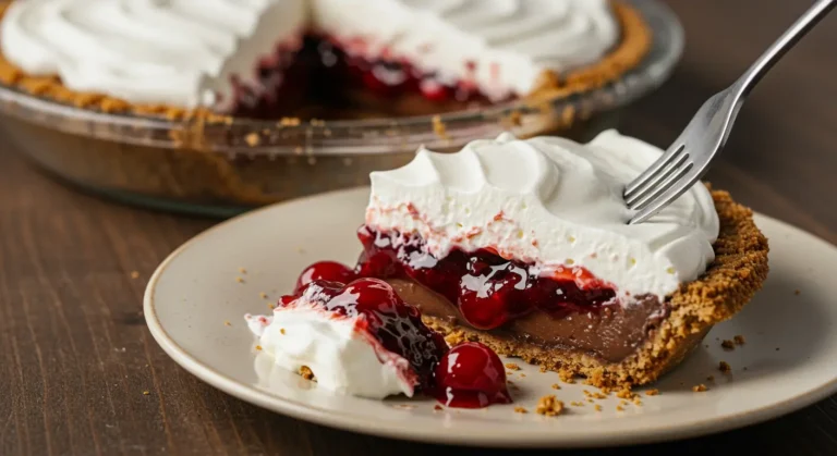 Chocolate Cherry Cream Pie with cherry topping and whipped cream