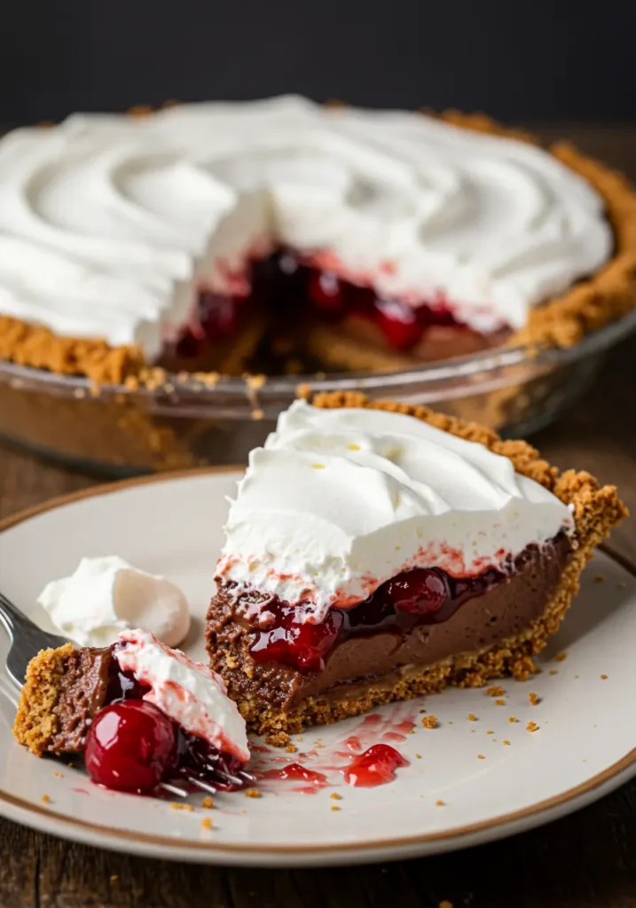 Chocolate Cherry Cream Pie with cherry topping and whipped cream