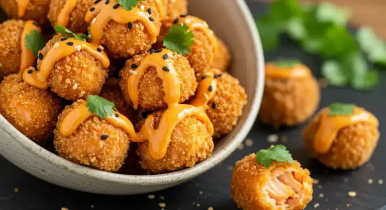 crispy bang bang salmon bites, generously coated in a creamy orange sauce and garnished with fresh chives.