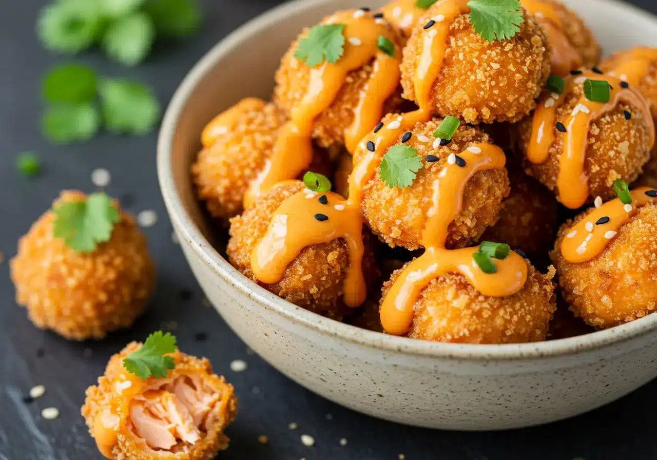white bowl filled with crispy bang bang salmon bites