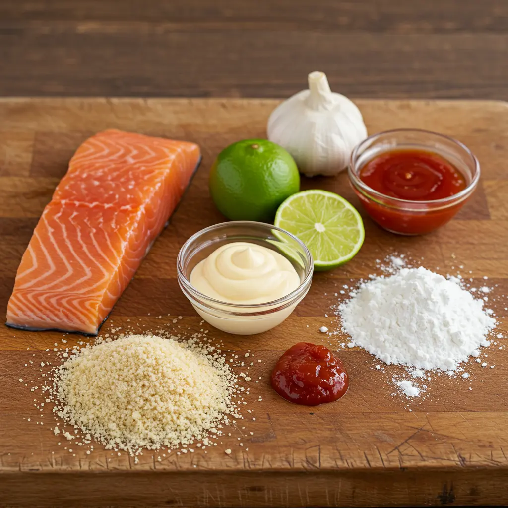 A flat lay of fresh ingredients for bang bang salmon bites on a wooden cutting board, including a salmon filet, panko, cornstarch, and bowls of mayonnaise and sweet chili sauce.
