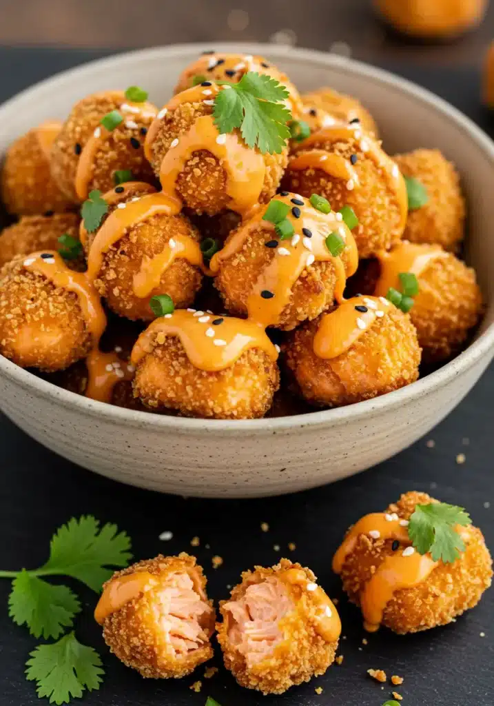 A close-up of a rustic white bowl filled with crispy bang bang salmon bites, generously coated in a creamy orange sauce and garnished with fresh chives.