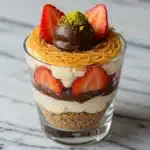 Dubai chocolate covered strawberries in dessert cup with ganache