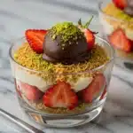 Dubai chocolate covered strawberries in dessert cup with ganache