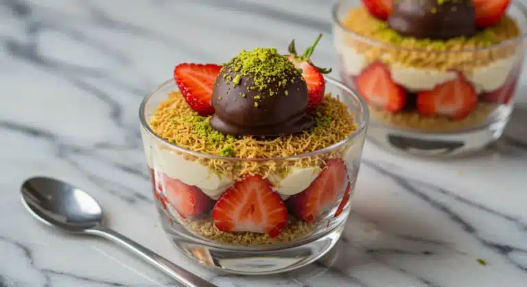 Dubai chocolate covered strawberries in dessert cup with ganache