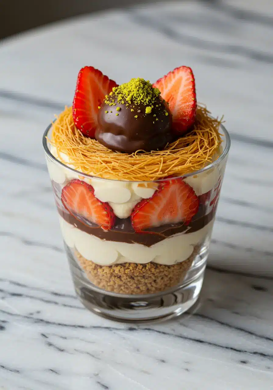 Dubai chocolate covered strawberries in dessert cup with ganache