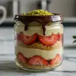 Dubai Chocolate Strawberries layered in a dessert jar with pistachio and chocolate