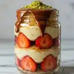Dubai Chocolate Strawberries layered in a dessert jar with pistachio and chocolate