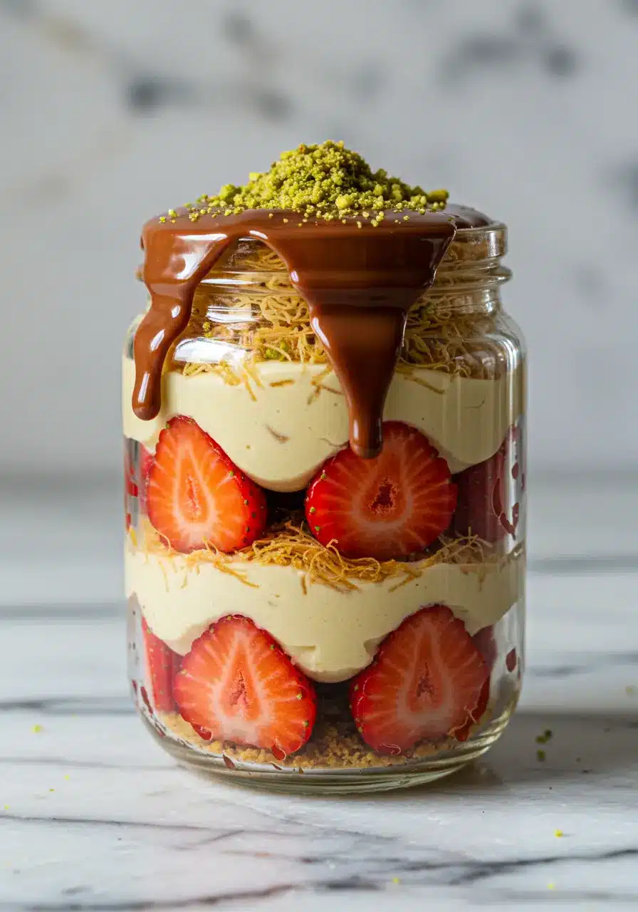 Dubai Chocolate Strawberries layered in a dessert jar with pistachio and chocolate