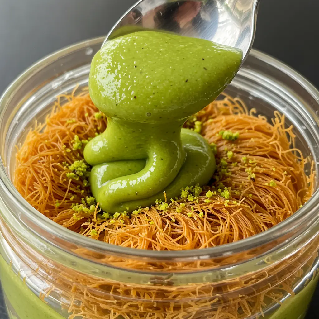 Pistachio cream mixed with kataifi for Dubai Chocolate Strawberries