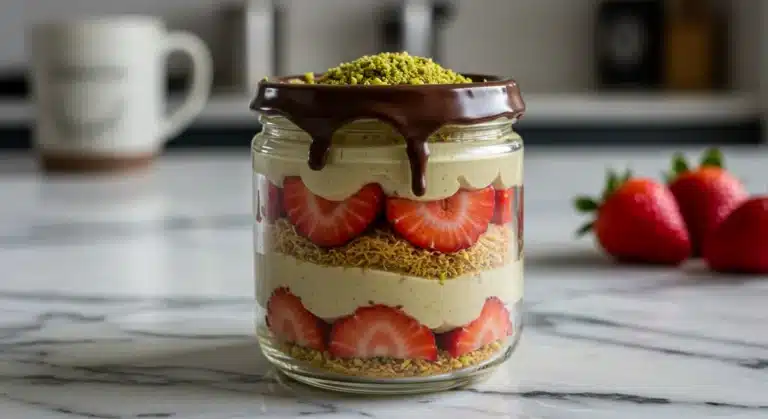Dubai Chocolate Strawberries layered in a dessert jar with pistachio and chocolate