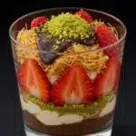 Dubai chocolate strawberry cup in glass with pistachio and strawberry layers
