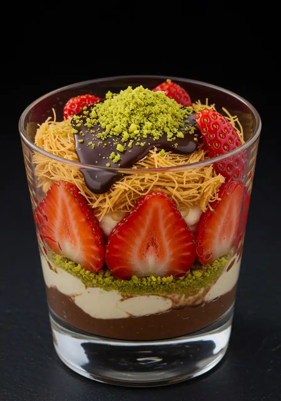 Dubai chocolate strawberry cup in glass with pistachio and strawberry layers