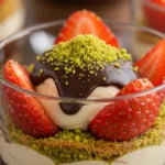 Dubai chocolate strawberry cup in glass with pistachio and strawberry layers