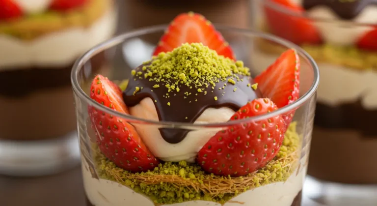 Dubai chocolate strawberry cup in glass with pistachio and strawberry layers