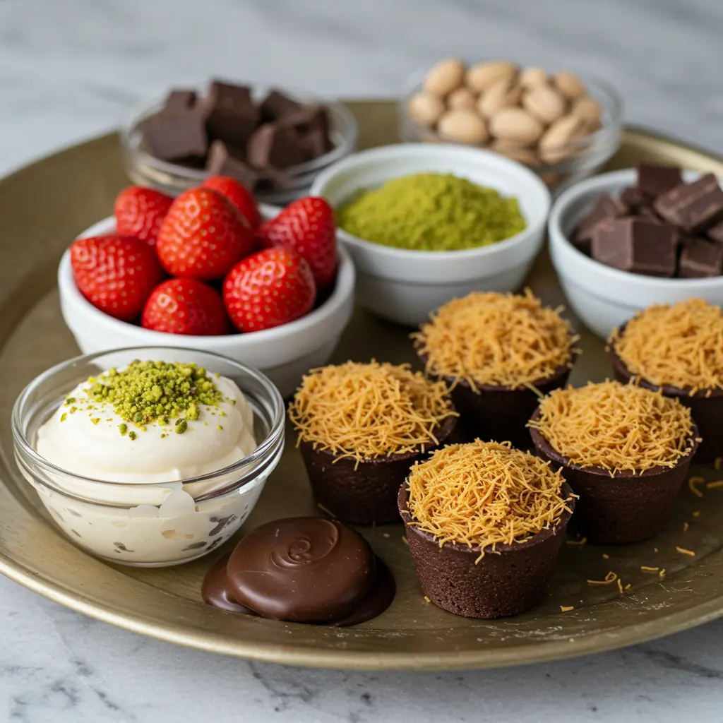 Dubai chocolate strawberry cup platter with ingredients and mini cups