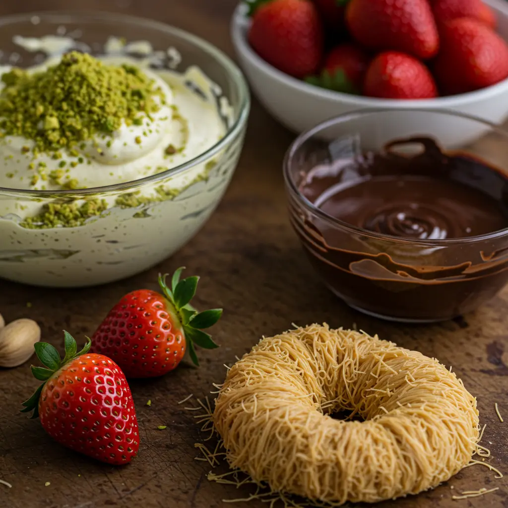 Ingredients for Dubai chocolate strawberry cup on kitchen counter