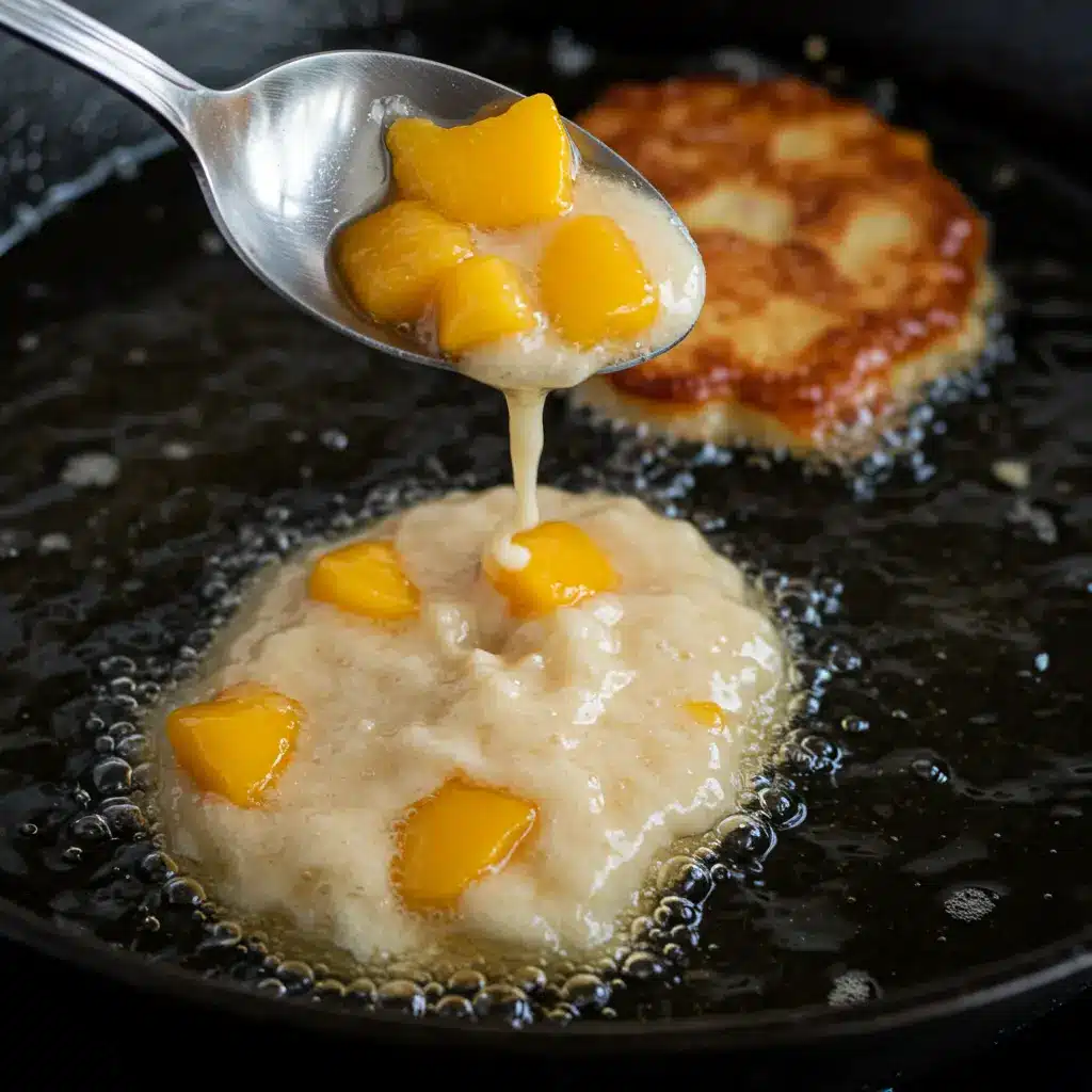 Frying peach fritter batter with peach chunks in hot oil
