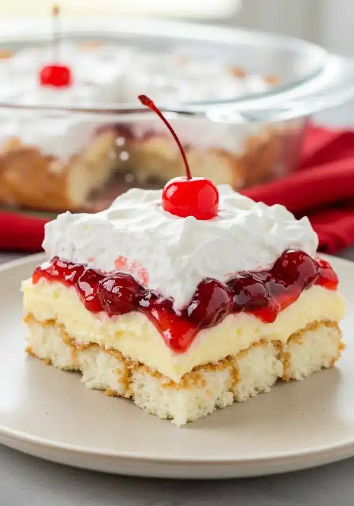 A generous slice of homemade Heaven on Earth No Bake Cake on a white plate, showing visible cubes of angel food cake held together with creamy pudding and topped with cherry filling and whipped cream.