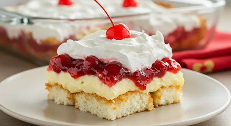 A generous slice of homemade Heaven on Earth No Bake Cake on a white plate, showing visible cubes of angel food cake held together with creamy pudding and topped with cherry filling and whipped cream.