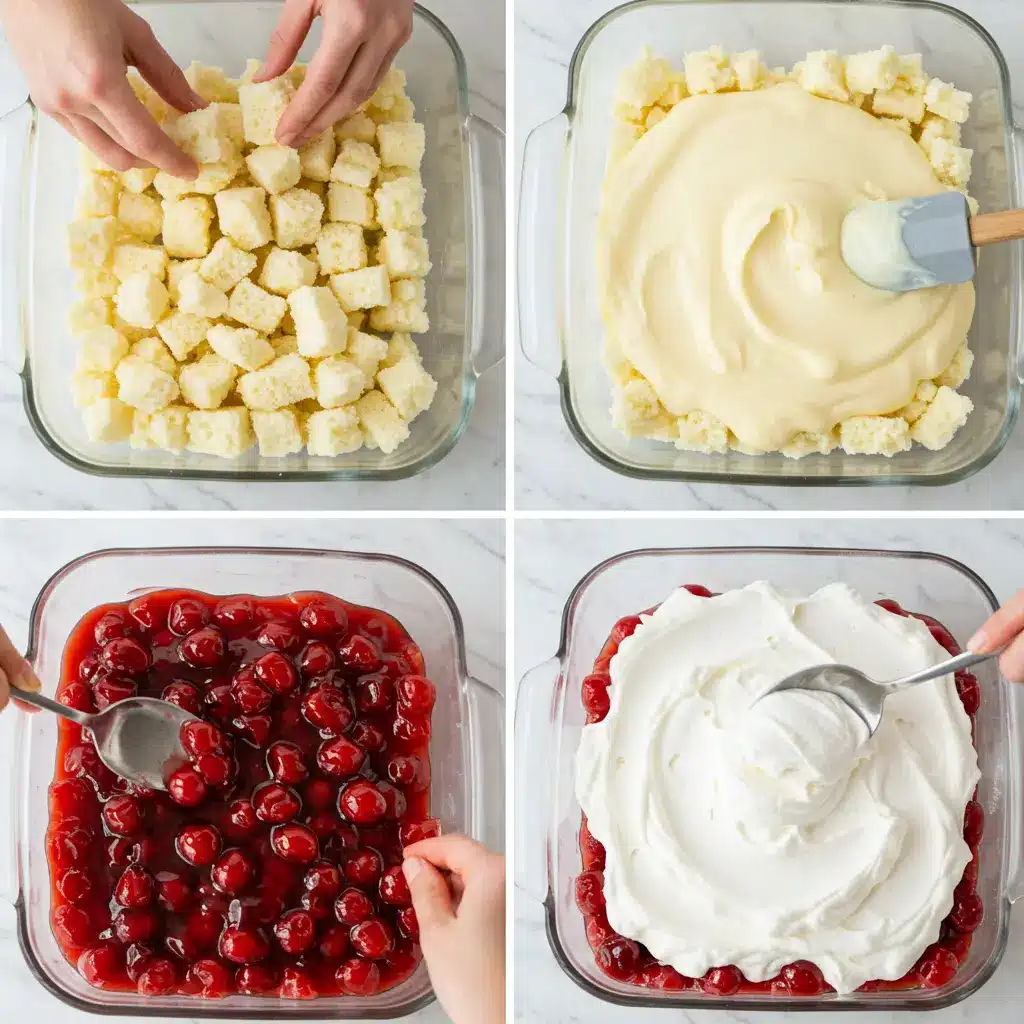A 4-panel collage showing the main steps to make Heaven on Earth Cake: layering cake cubes, covering with pudding, adding cherry filling, and spreading whipped cream on top