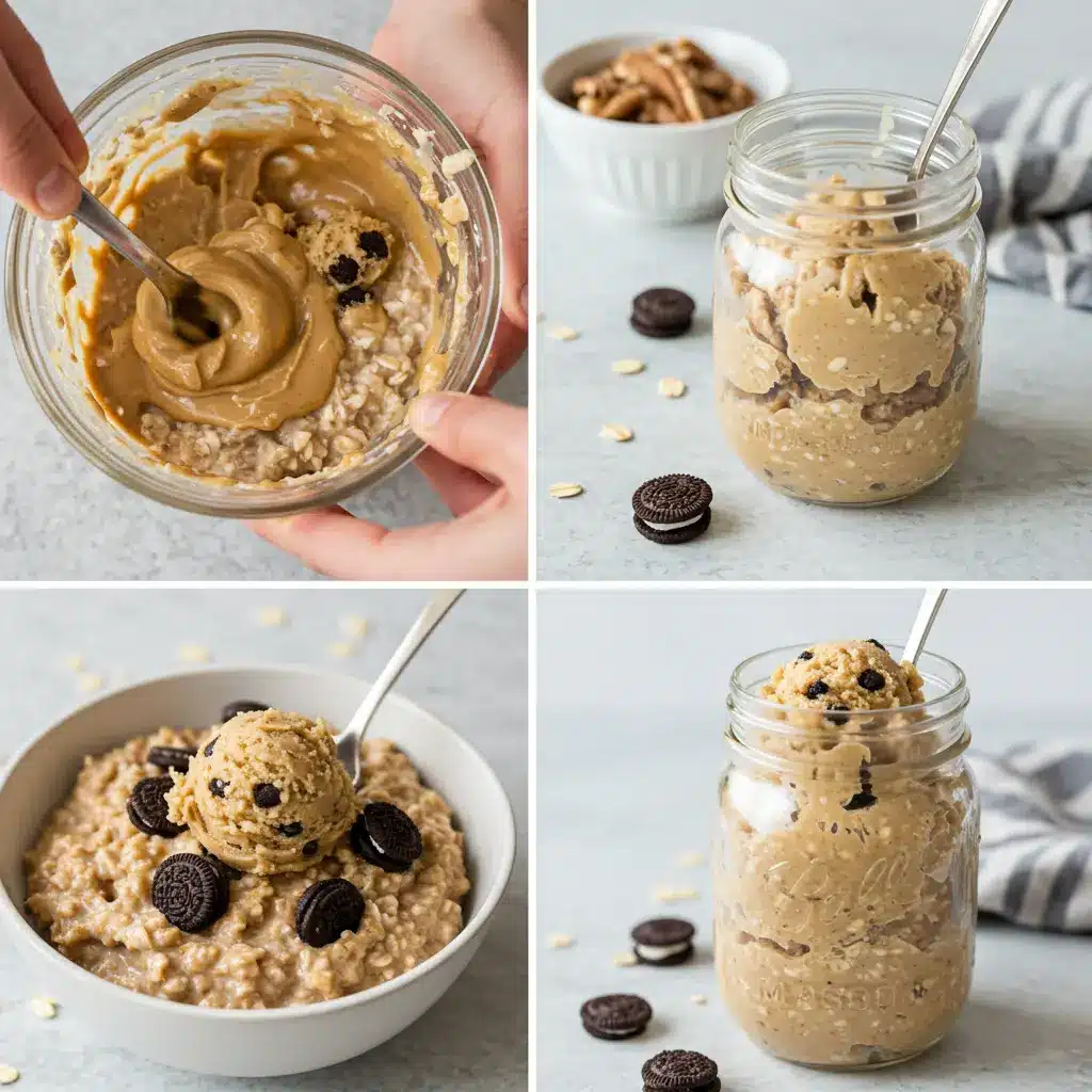 Hands stirring a jar of High-Protein-Cookie-Dough-Oats with cookie dough chunks, then the chilled final jar shot from a tilted table-level perspective