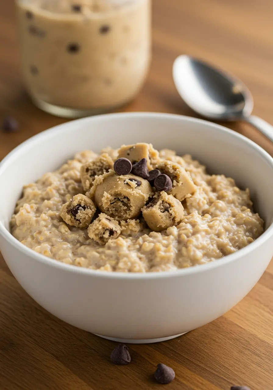 Creamy high-protein cookie dough oats topped with cookie dough chunks and mini chocolate chips in a rustic bowl