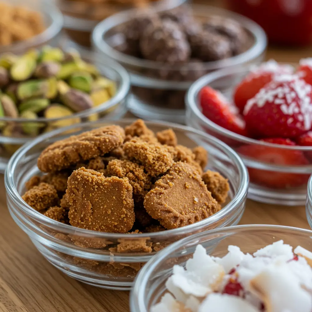 toppings for homemade Dubai chocolate strawberries in bowls