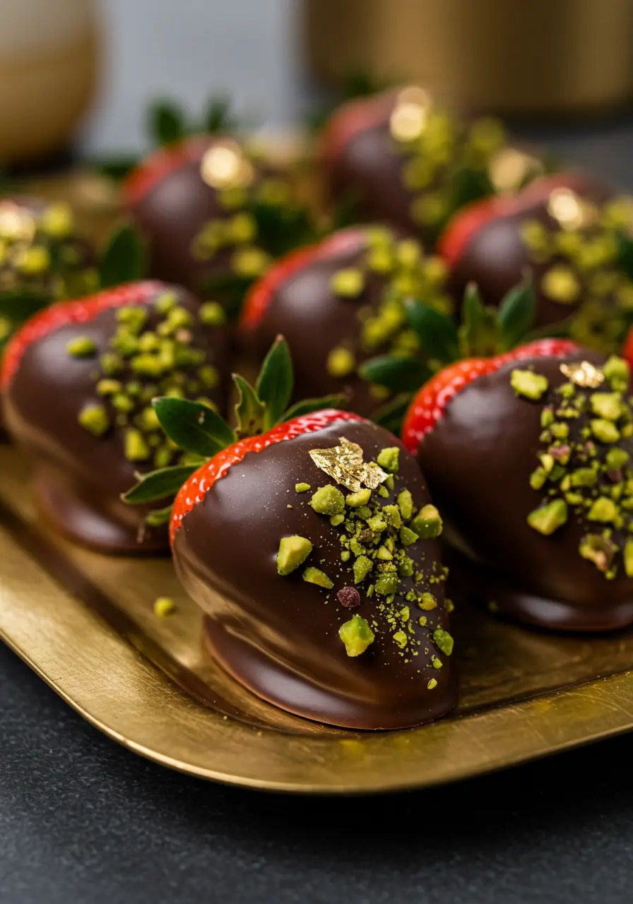 homemade Dubai chocolate strawberries with gold and pistachio