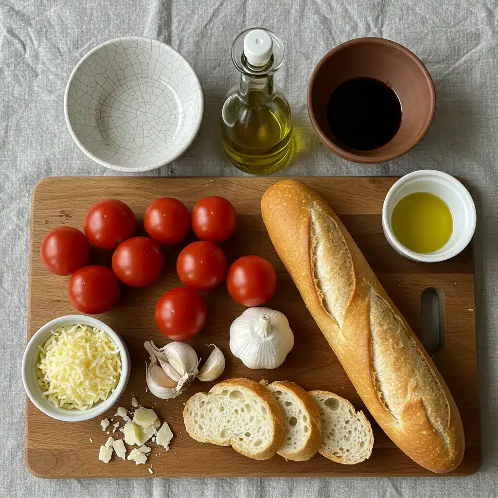 Flat lay of tomatoes, basil, garlic, olive oil, balsamic vinegar, baguette, and Parmesan on a wooden board