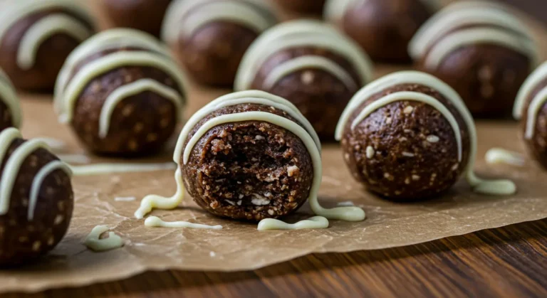 Oreo protein balls on parchment with white chocolate drizzle
