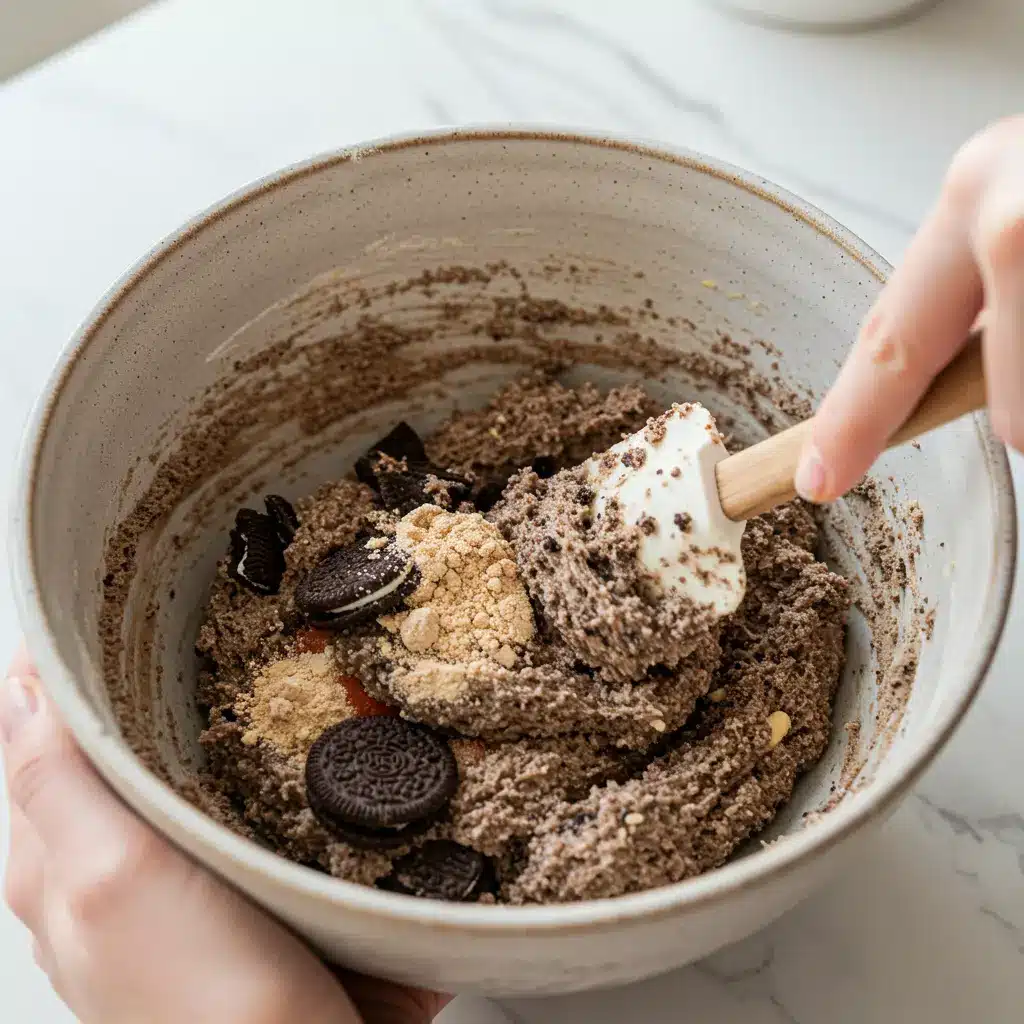 Mixing Oreo protein balls dough with spatula