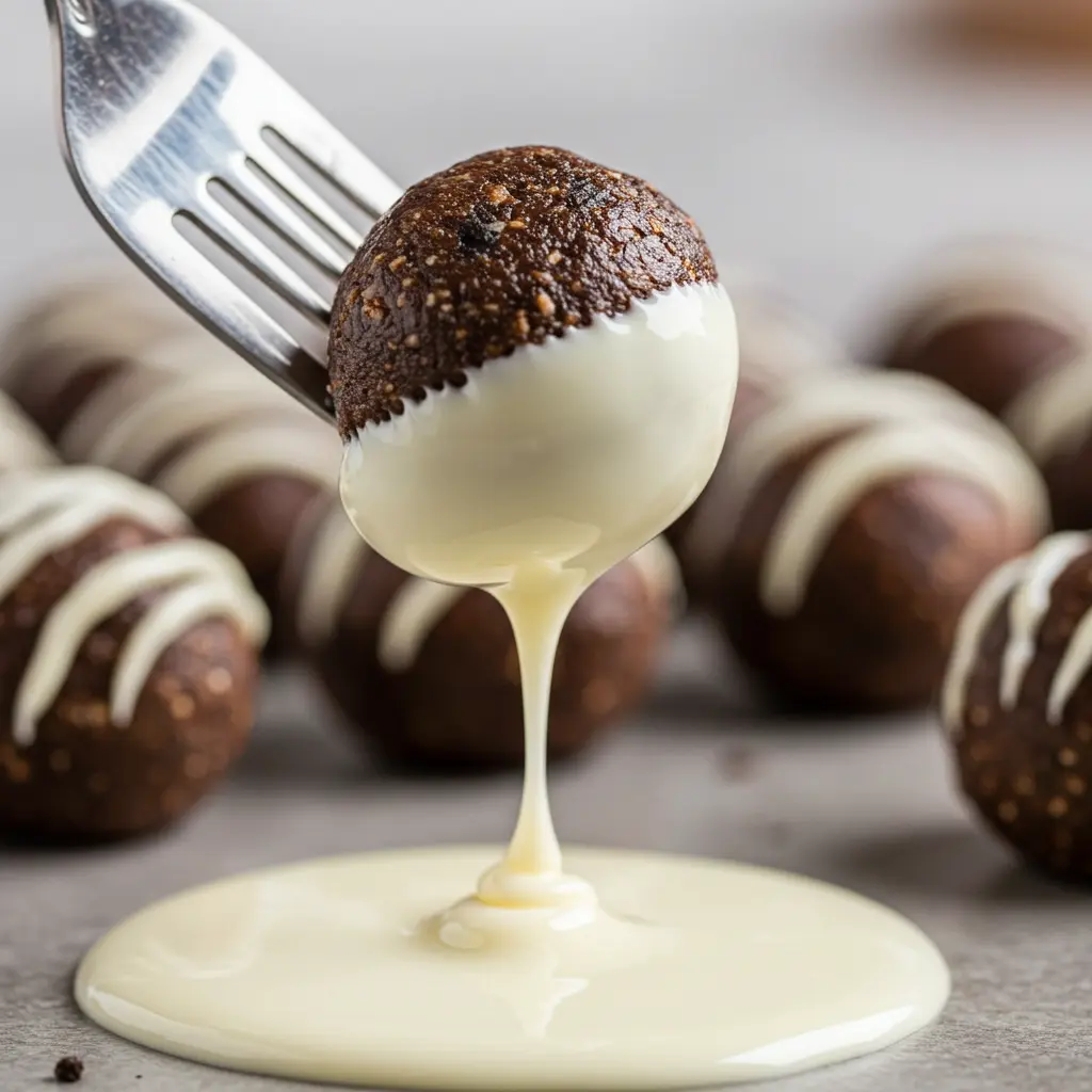 Dipping Oreo protein balls in white chocolate
