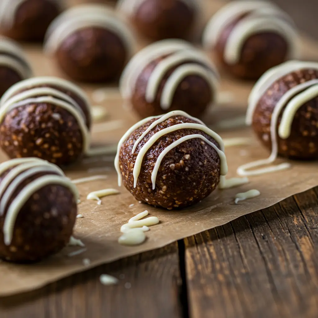 Oreo protein balls on parchment with white chocolate drizzle