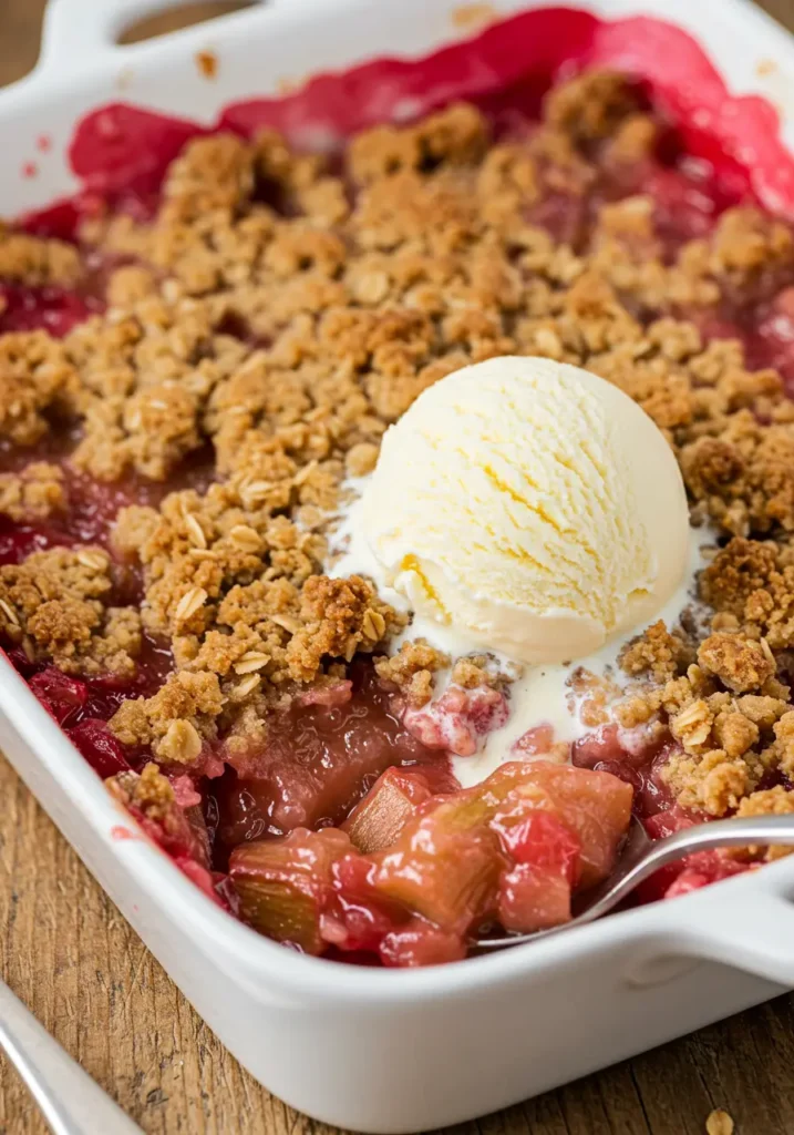Rhubarb crisp with golden oat topping served warm
