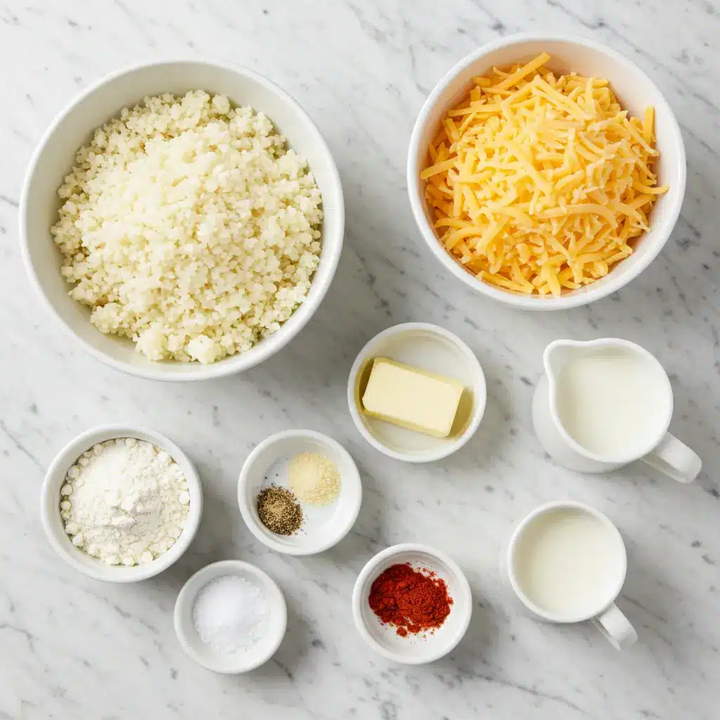 Flat-lay of ingredients for Riced Cauliflower Mac-n-Cheese on marble surface